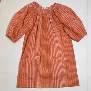 NYMaNE Women's Striped Brown Orange Tunic Dress Cotton Puff Sleeve Pockets‎ SZ S